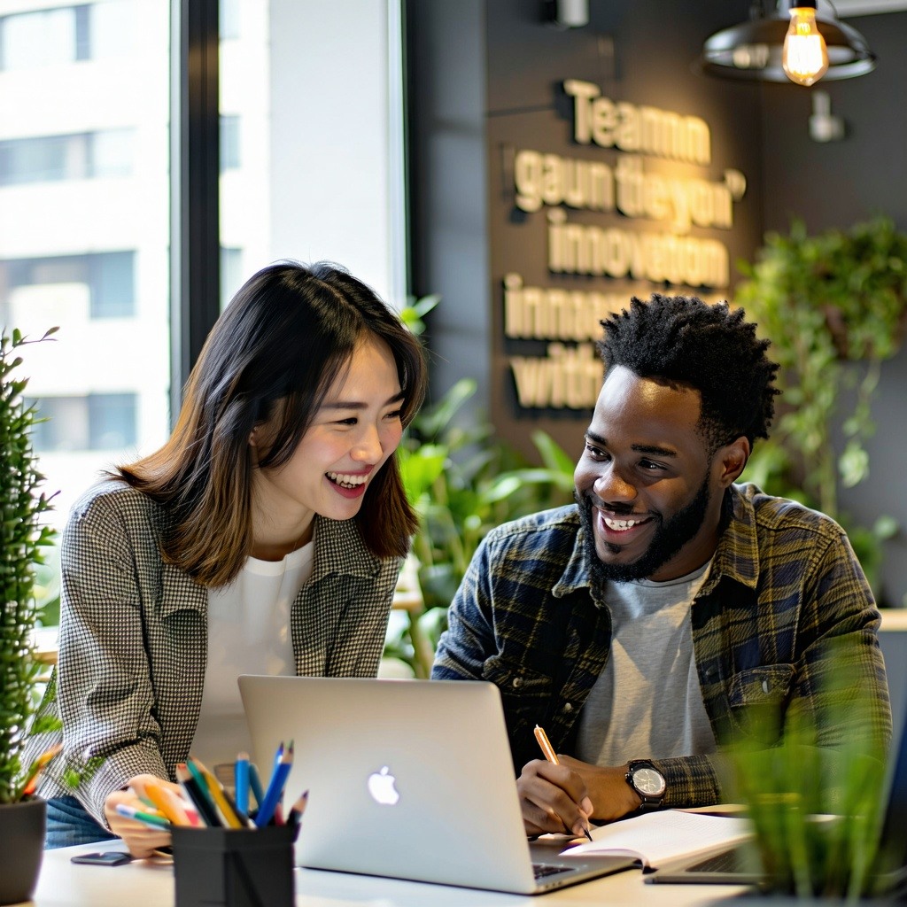 The image depicts a modern office environment filled with natural light, showcasing a diverse group of employees engaged in collaborative work